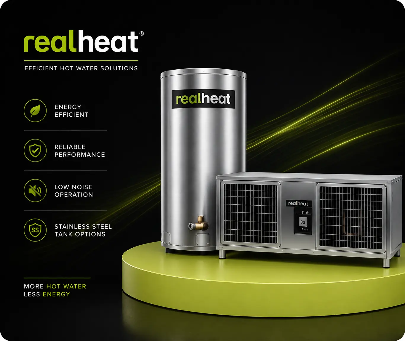 RealHeat stainless steel water heat pump and hot water storage tank