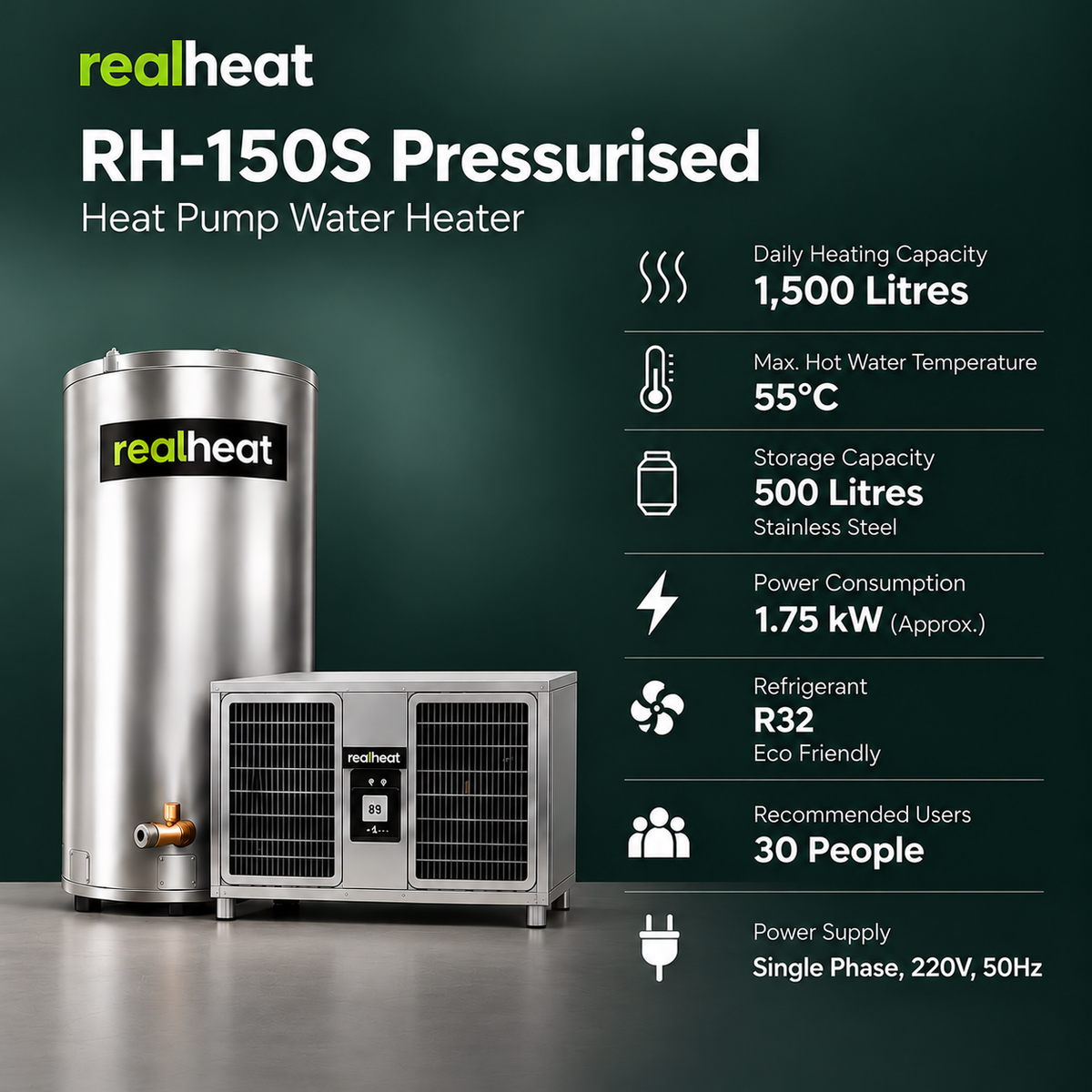 Realheat Heat Pump Water Heater for upto 30 people - RealHeat RH-150S