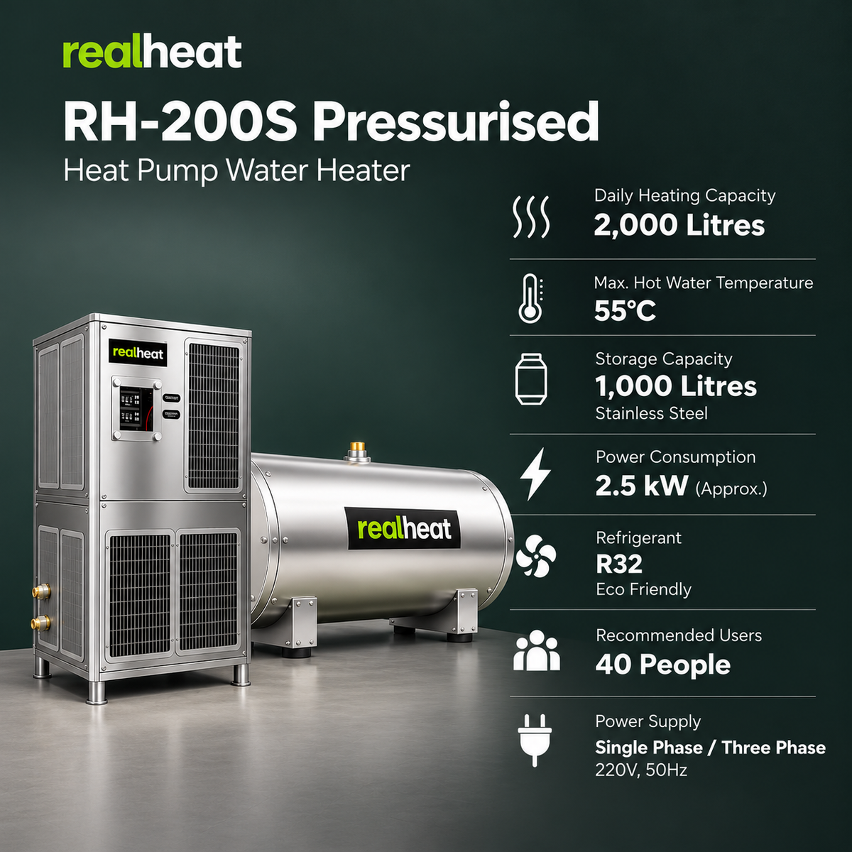 Realheat Heat Pump Water Heater for upto 40 people - RealHeat RH-200S