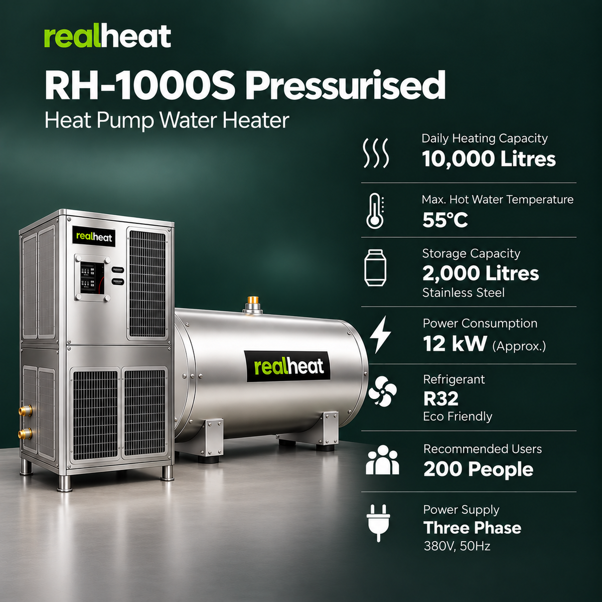 Realheat Heat Pump Water Heater for upto 200 people - RealHeat RH-1000S