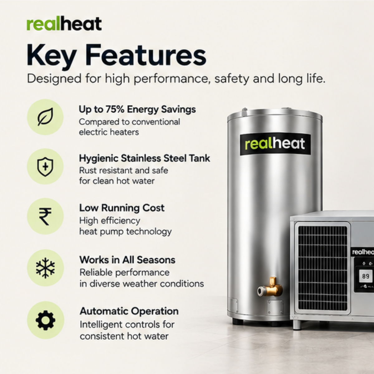 Realheat Heat Pump Water Heater for upto 12 people - RealHeat RH-100S