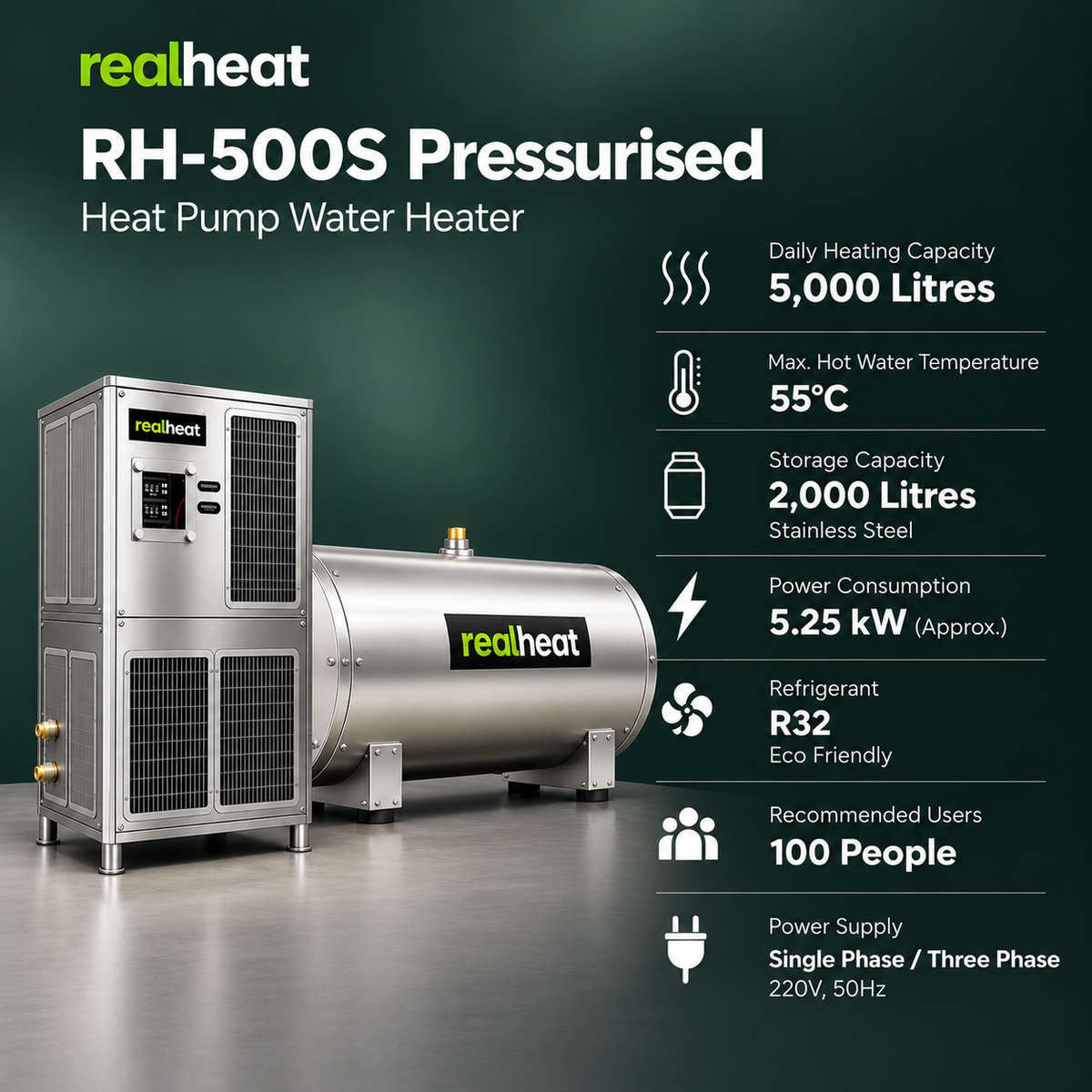 Realheat Heat Pump Water Heater for upto 100 people - RealHeat RH-500S